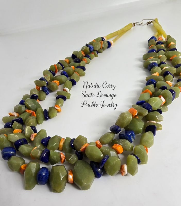 3 strand natural Serpentine,  Lapis Lazuli and Spiney Oyster shell necklace