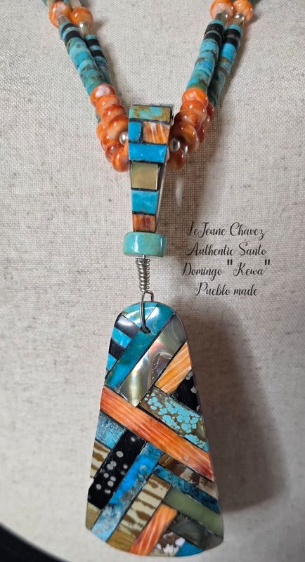 Two strand turquoise, Black Jet,  Abalone and Spiney Oyster shell necklace with Inlaid Pendent