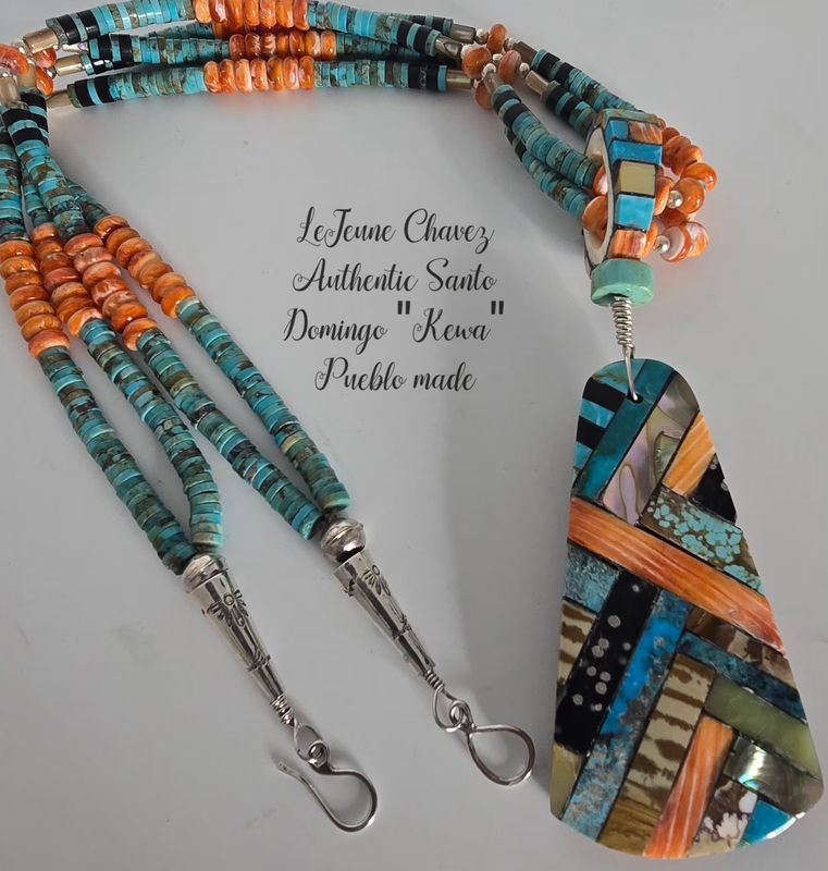 Two strand turquoise, Black Jet,  Abalone and Spiney Oyster shell necklace with Inlaid Pendent