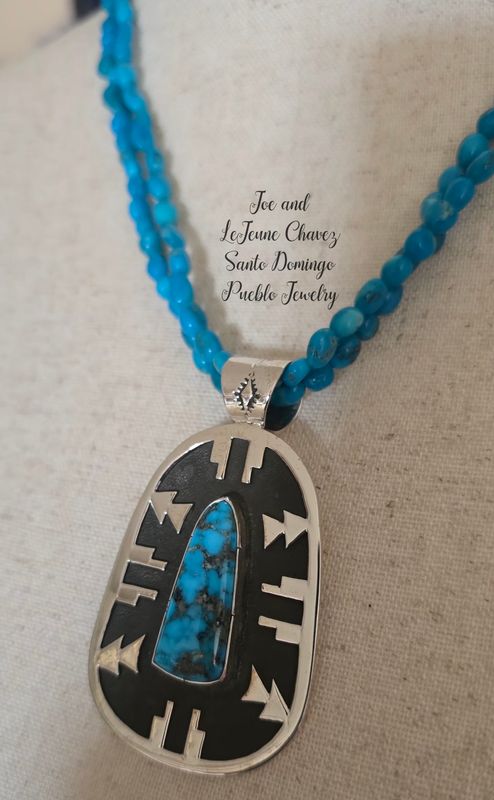 Triple A Ithaca Peak turquoise double strand necklace with Sterling silver Overlay Pendent