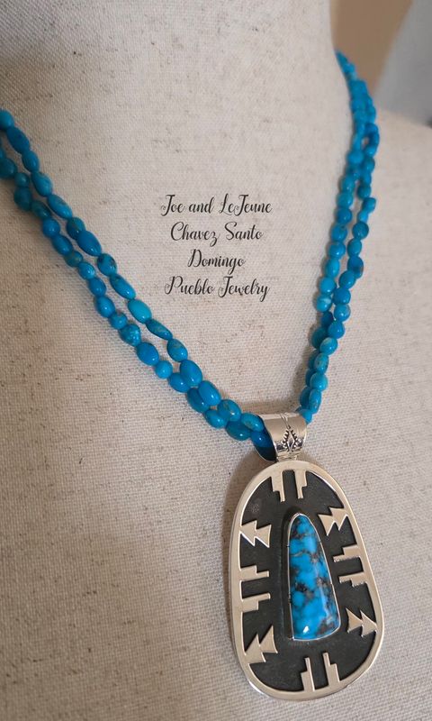 Triple A Ithaca Peak turquoise double strand necklace with Sterling silver Overlay Pendent