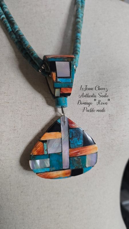 Two strand Kingman turquoise necklace with Inlaid Pendent