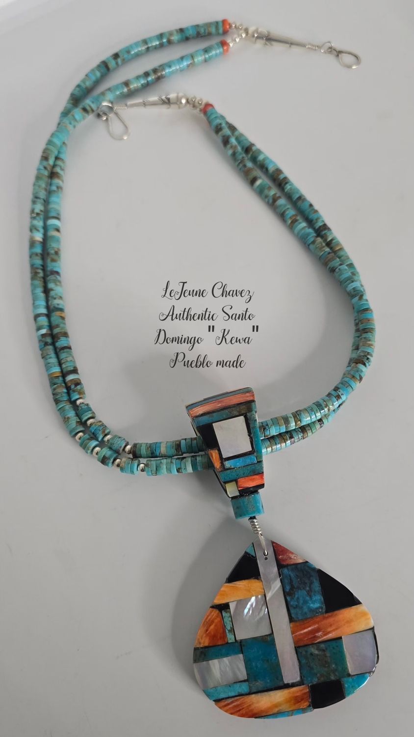 Two strand Kingman turquoise necklace with Inlaid Pendent