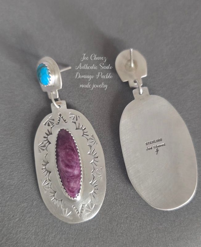 Brushed sterling silver earrings with Kingman turquoise stones and Natural Purple Spiney Oyster shell