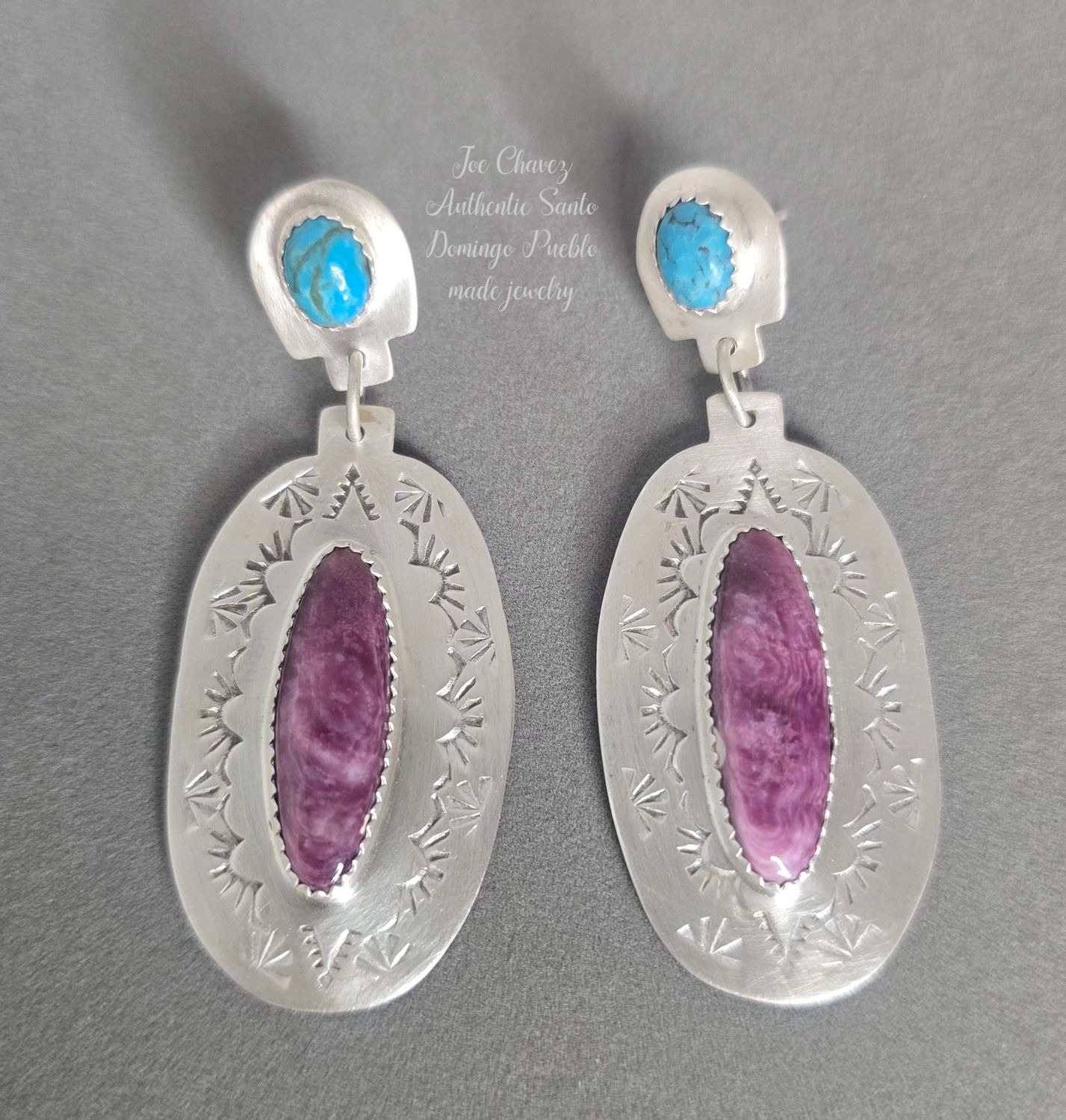 Brushed sterling silver earrings with Kingman turquoise stones and Natural Purple Spiney Oyster shell