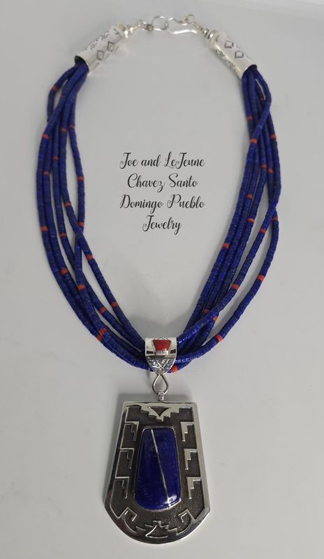 5 strands of high quality Lapis Lazuli/Mediterranean Coral on Overlay sterling silver Pendent with Lapis Lazuli stone.
