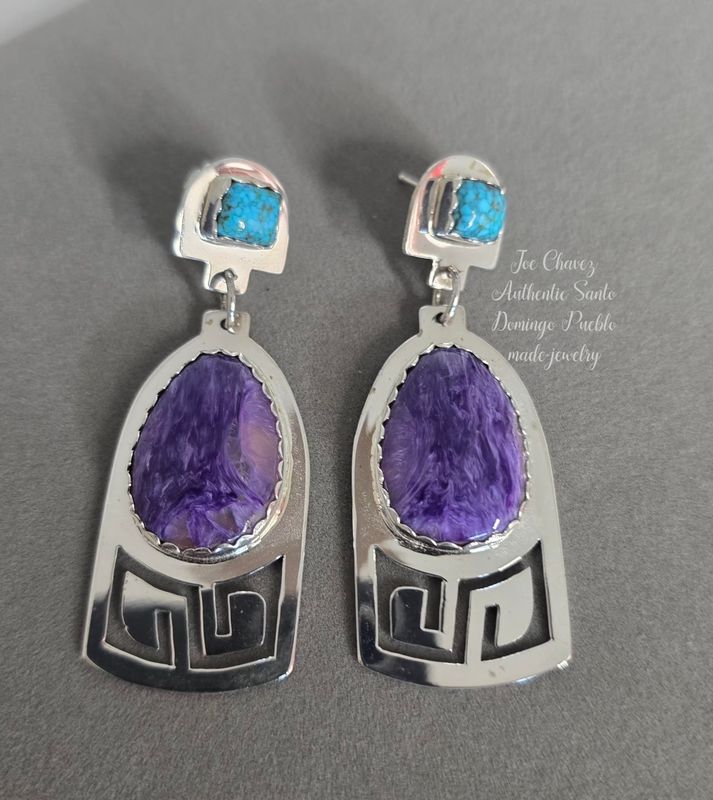 Sterling silver earrings with Natural Charoite and Kingman web turquoise