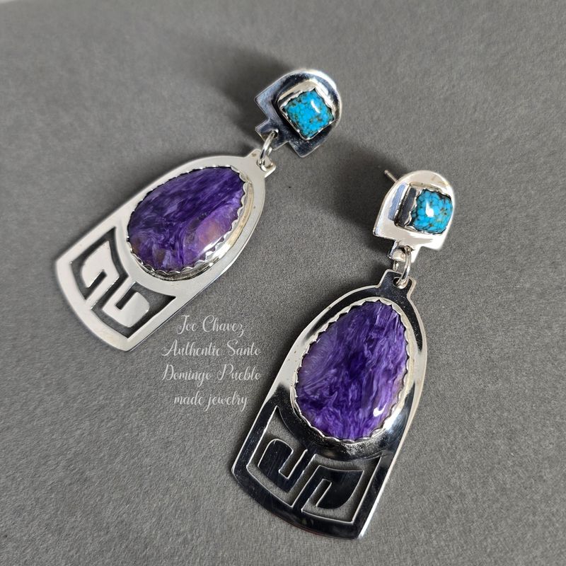 Sterling silver earrings with Natural Charoite and Kingman web turquoise
