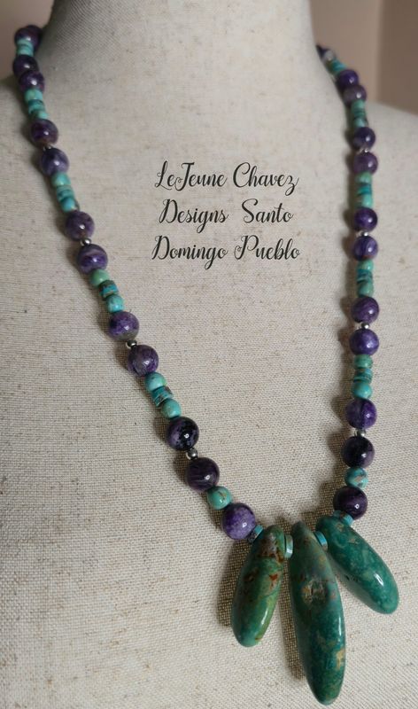 Natural Charoite stones with Kingman turquoise beads and Sterling silver beads