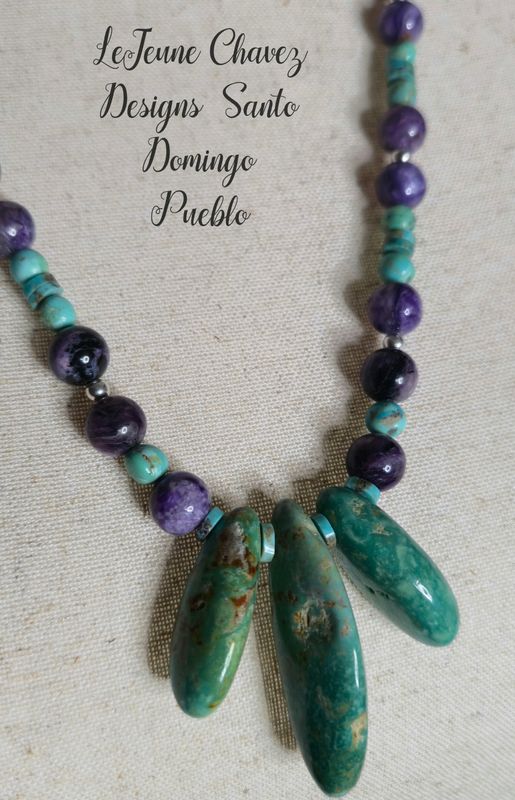 Natural Charoite stones with Kingman turquoise beads and Sterling silver beads