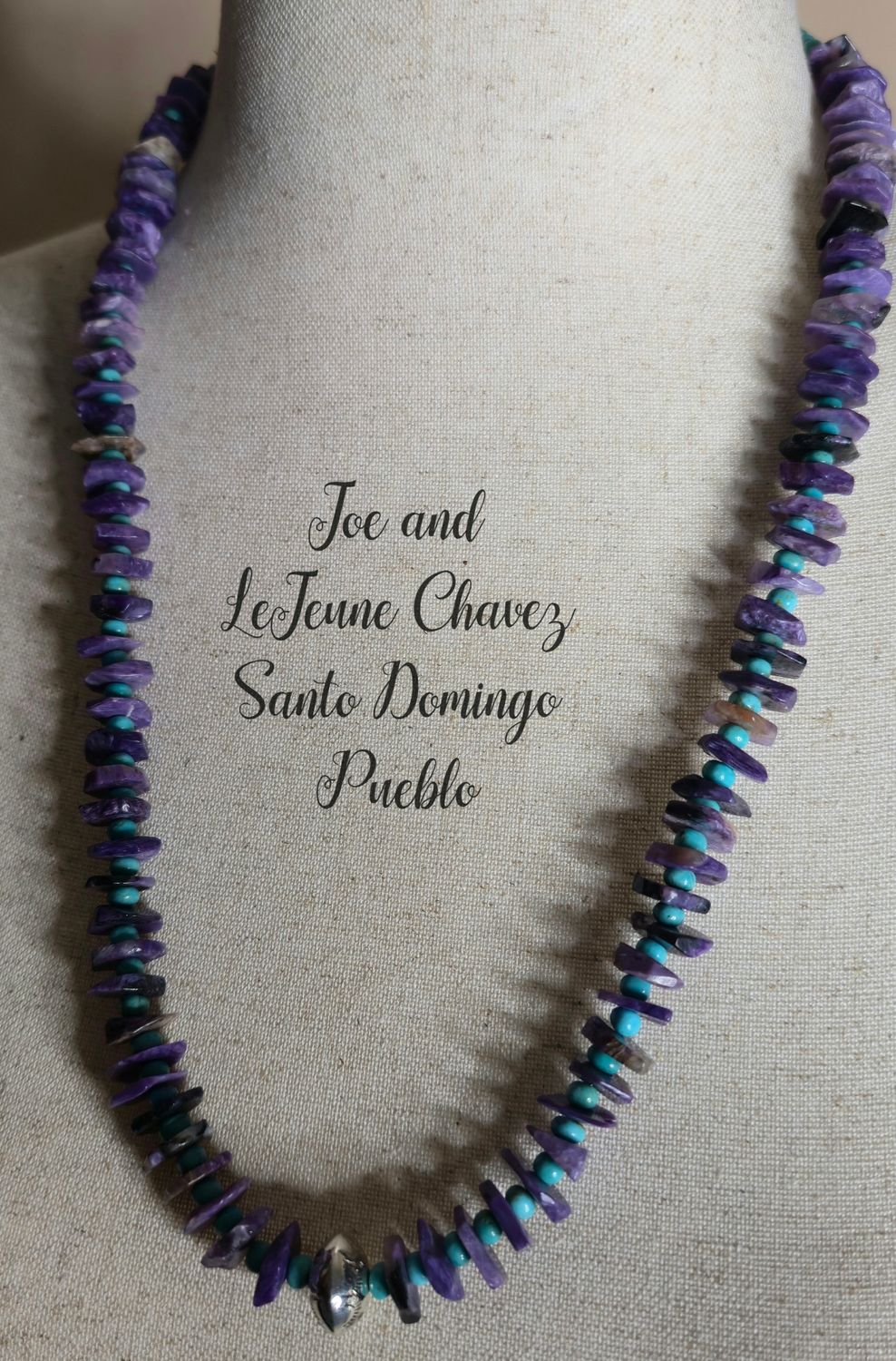 Natural Charoite and Kingman turquoise stones with handmade sterling silver bead, cones/clasps