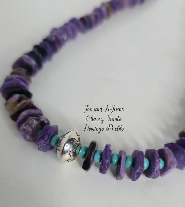 Natural Charoite and Kingman turquoise stones with handmade sterling silver bead, cones/clasps