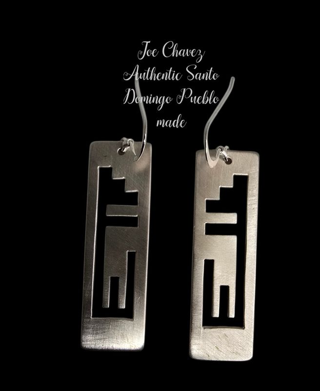 Sterling silver brushed finish earrings with traditional Pueblo symbols