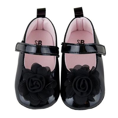 Infant Mary Jane Flats Vegan Patent Leather Dress Shoes for Babies, 6-12 Months, Black with Rose