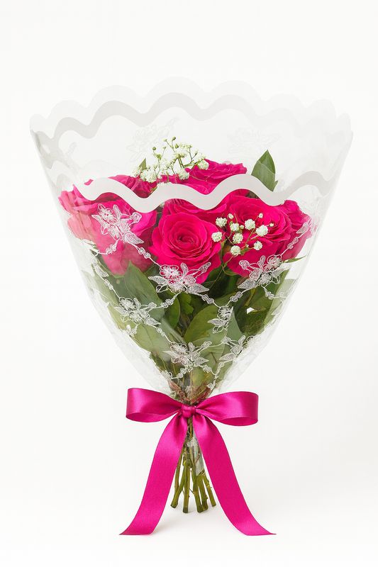 Bouquet with Bright Pink Roses and Gypsophila in Gift Wrap