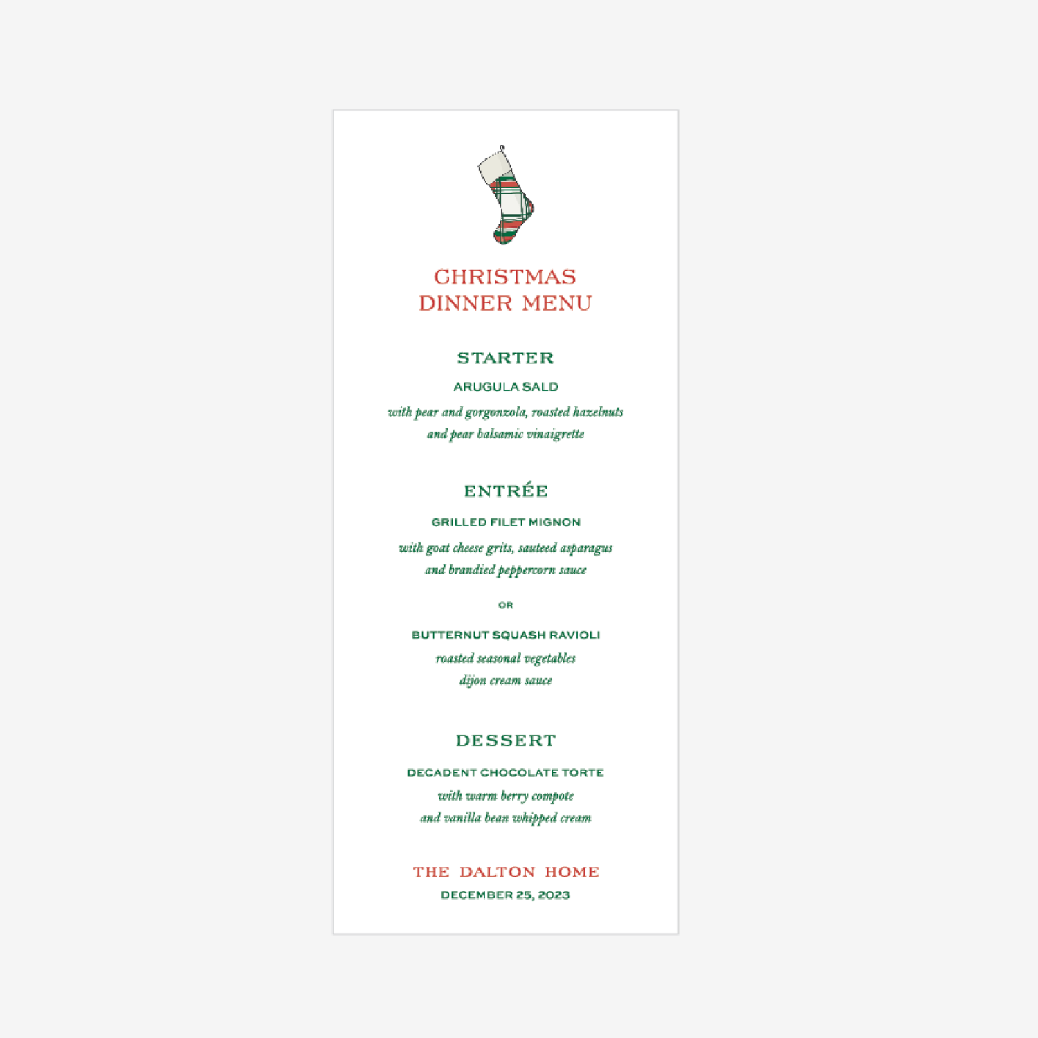 Stocking Menu Card