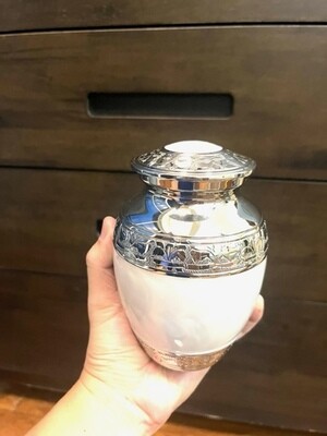 Metal hand small size H14.5cm x W10cm keepsake urn white stock 2 left