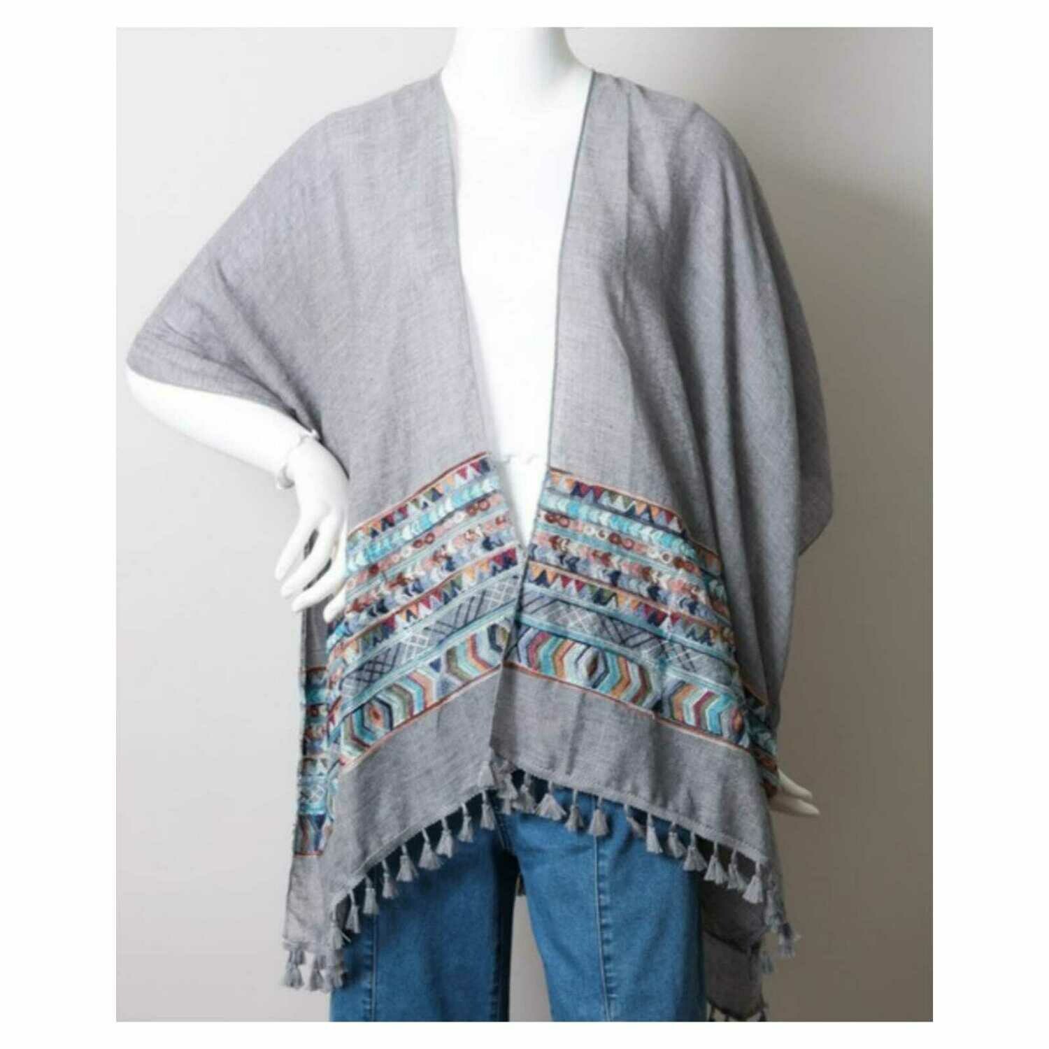 Embroidered Geometric Tassel Kimono Gray
