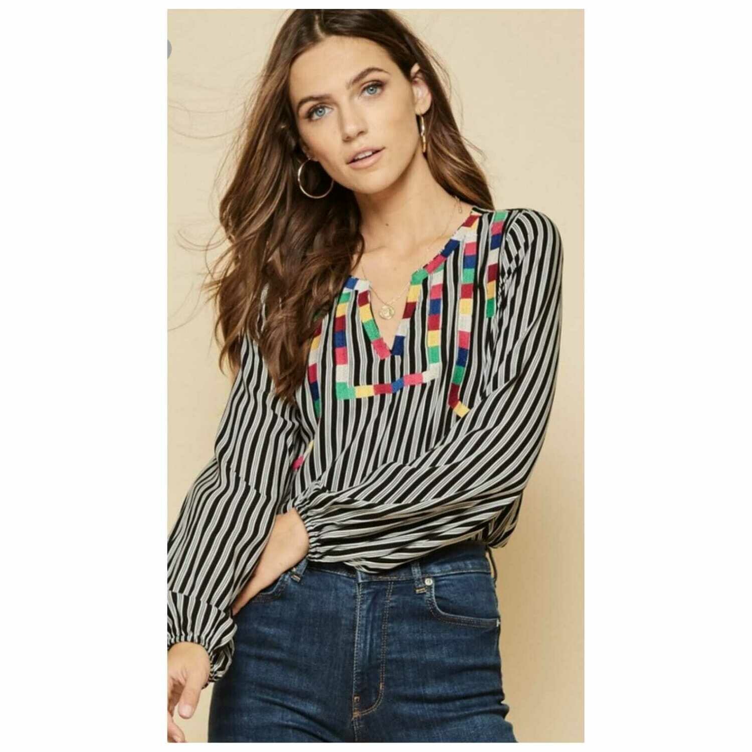 Stripe Woven Top Black Multi