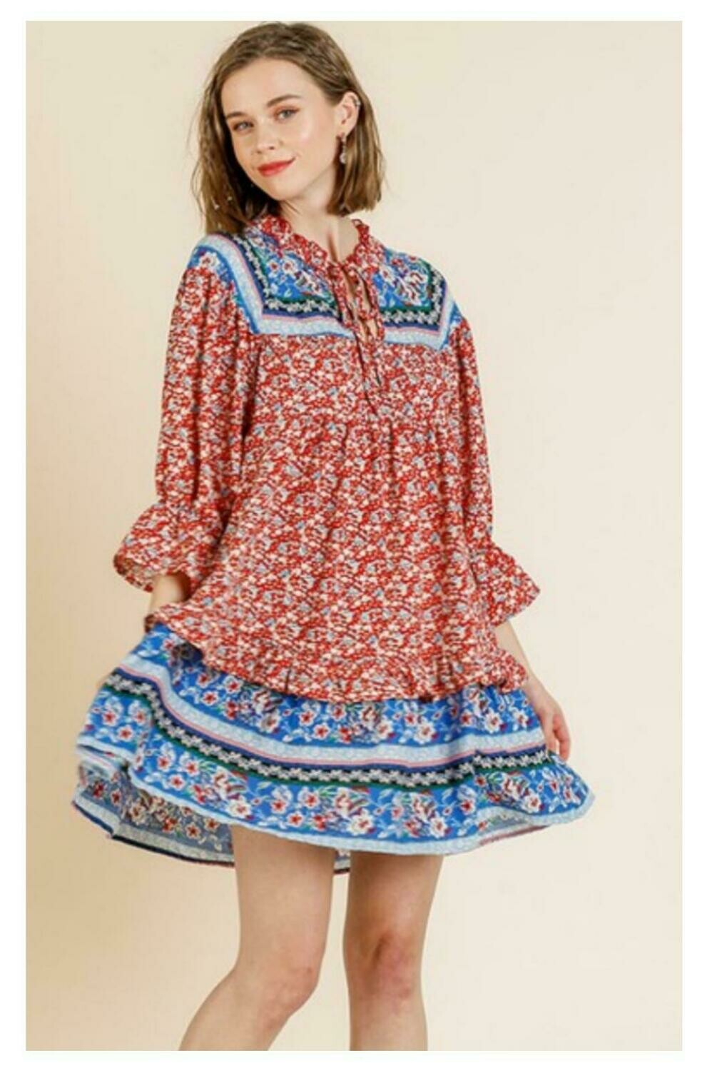 Floral Scarf Mixed Puff Sleeve Keyhole Dress