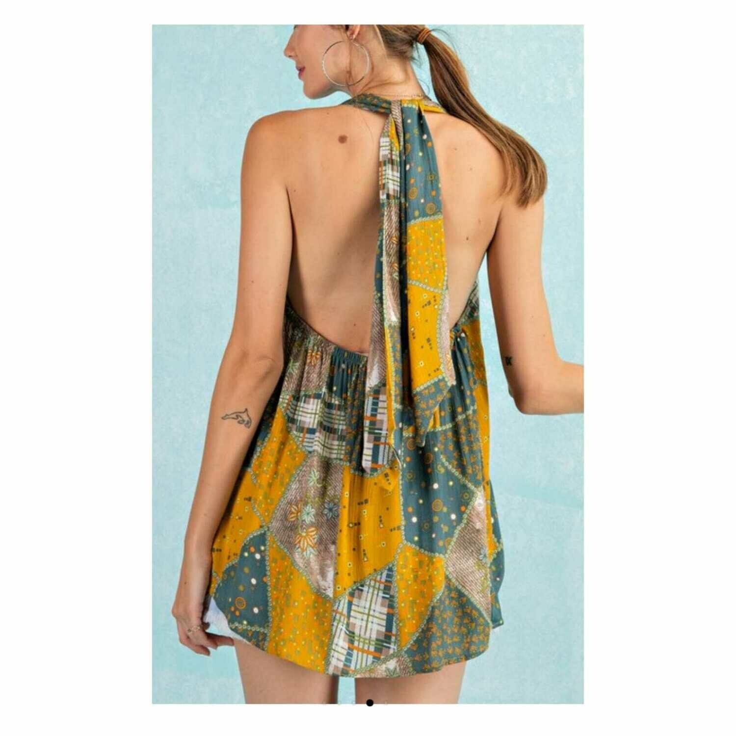 Patchwork Printed Halter Top Mustard Color