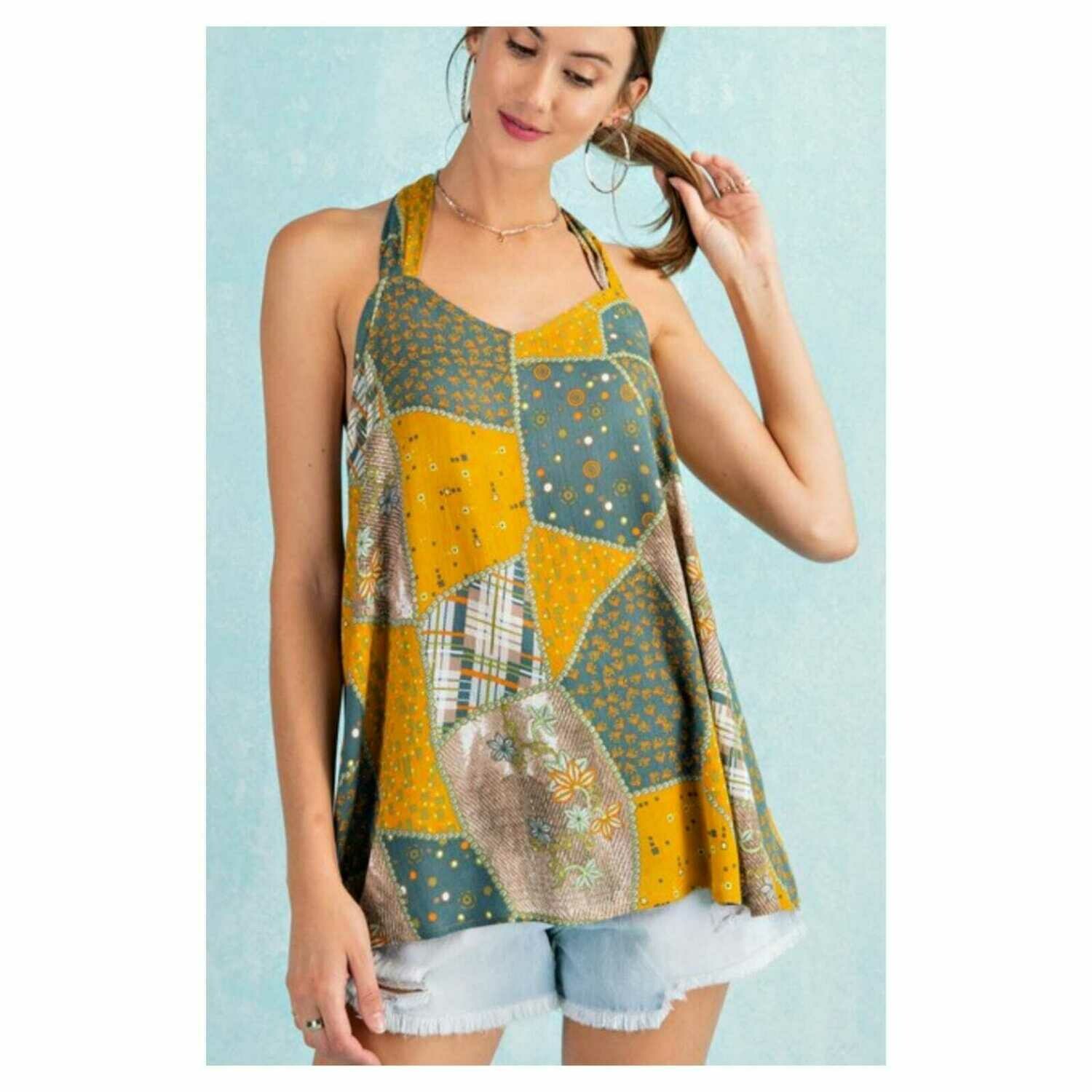 Patchwork Printed Halter Top Mustard Color