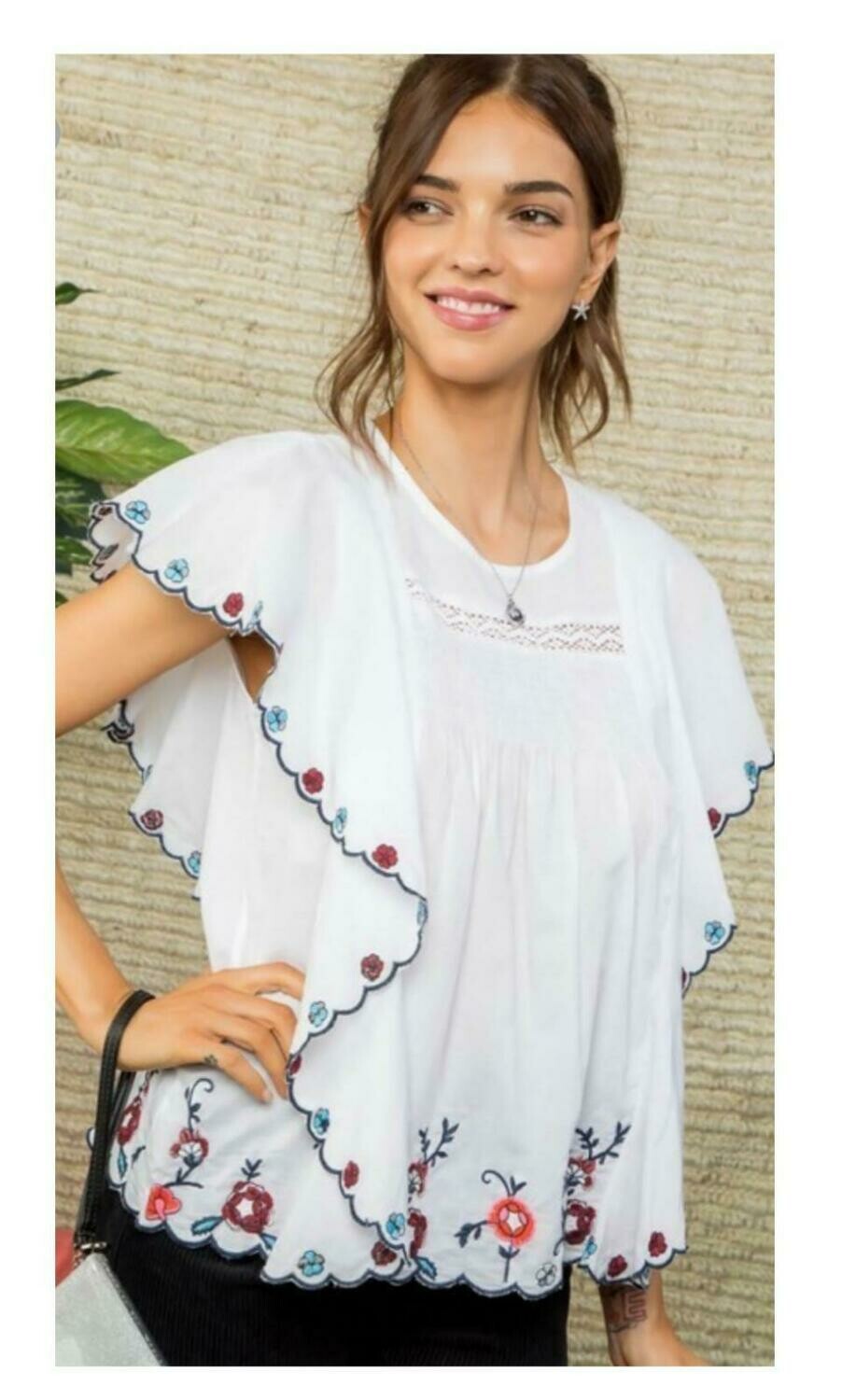 Round Neck Ruffle Sleeve Embroidered Top