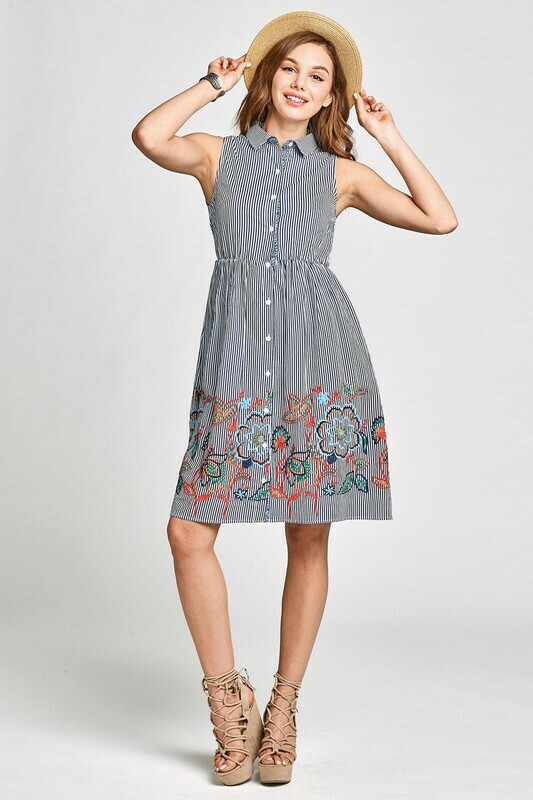 Embroidery Sleeveless Striped Wove Button Down Dress / Navy
