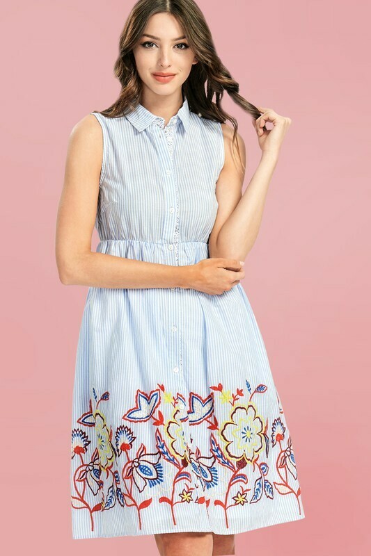 Embroidery Sleeveless Striped Wove Button Down Dress / Light Blue