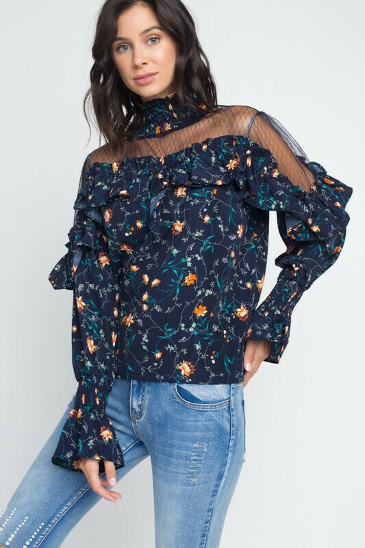 Smock Neck Detail Floral Top