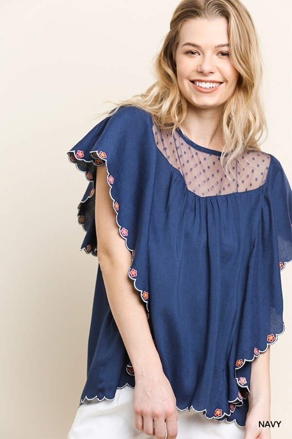 Floral Embroidery Keyhole Top Navy