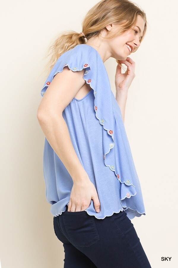 Floral Embroidery Keyhole Top Light Blue