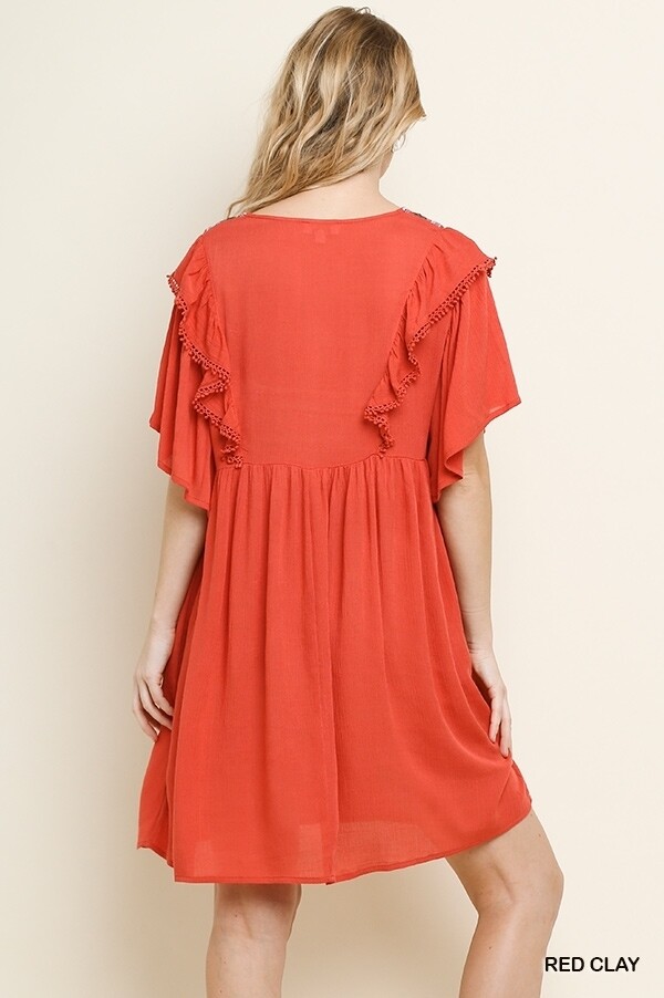 Ruffled Floral Embroidered Dress with Crochet
