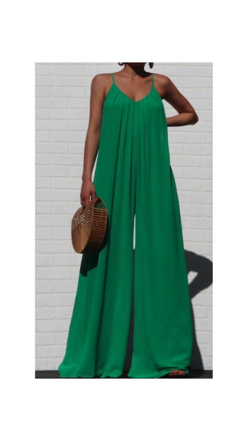 V Neck Kelly Green Jumpsuit with Pocket