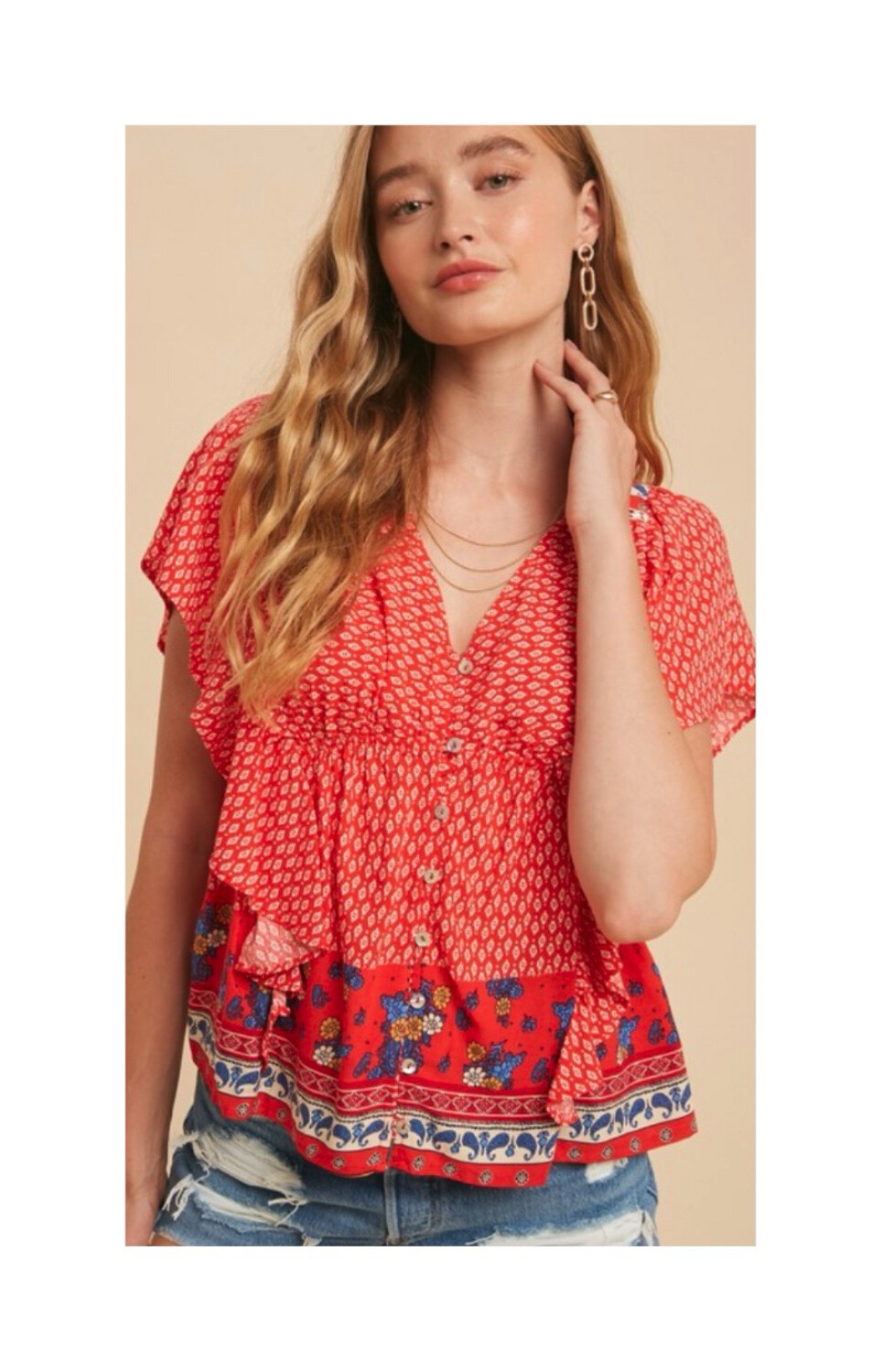 Border Print Flutter Sleeve Top
