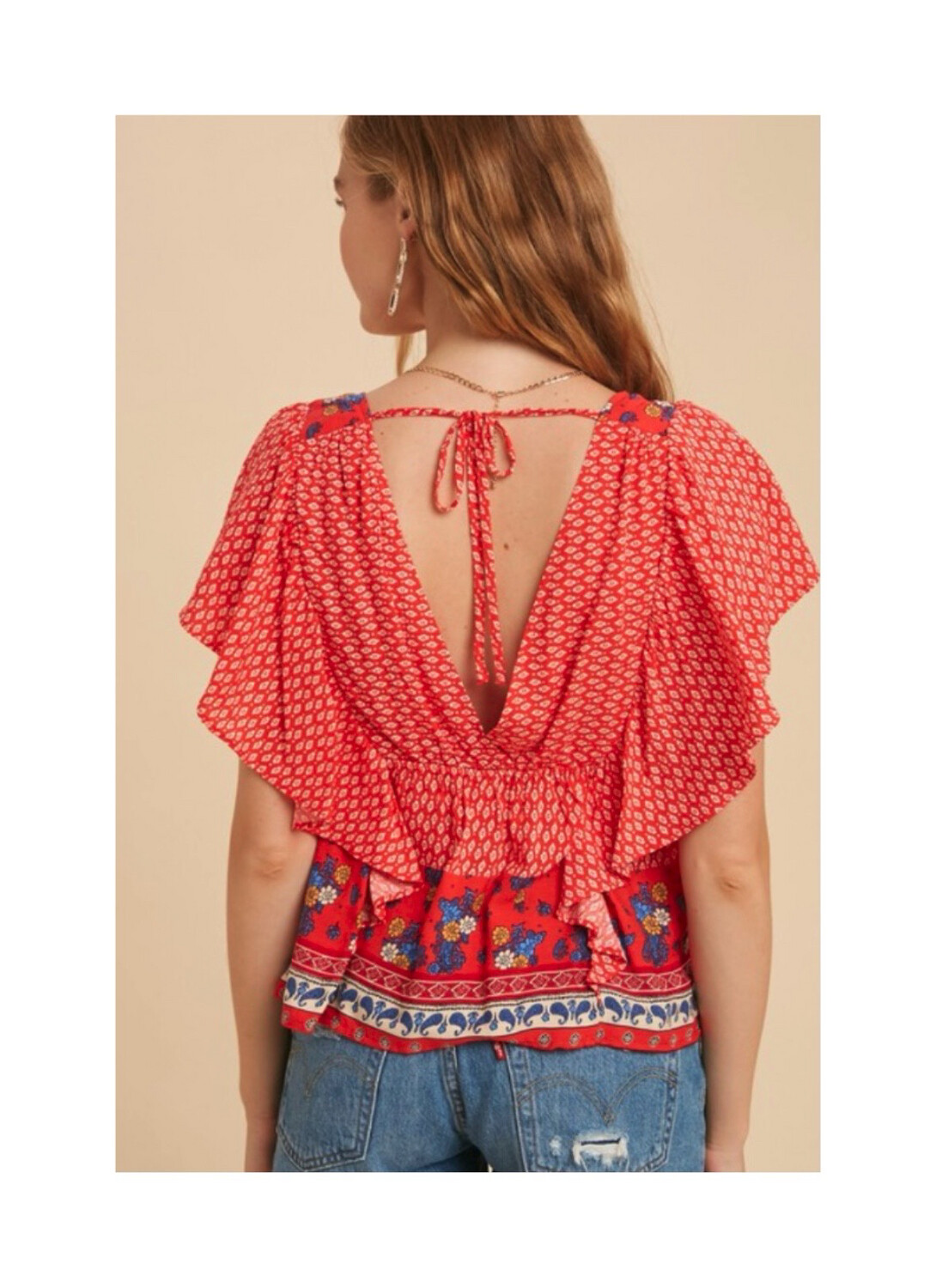 Border Print Flutter Sleeve Top