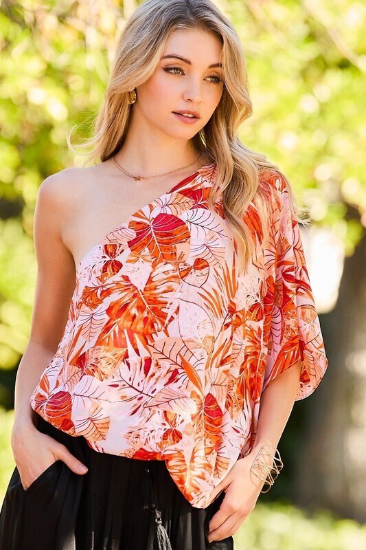 One Shoulder Sleeve Tropical Print Top