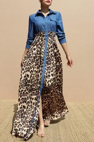DENIM ANIMAL PRINT MAXI DRESS