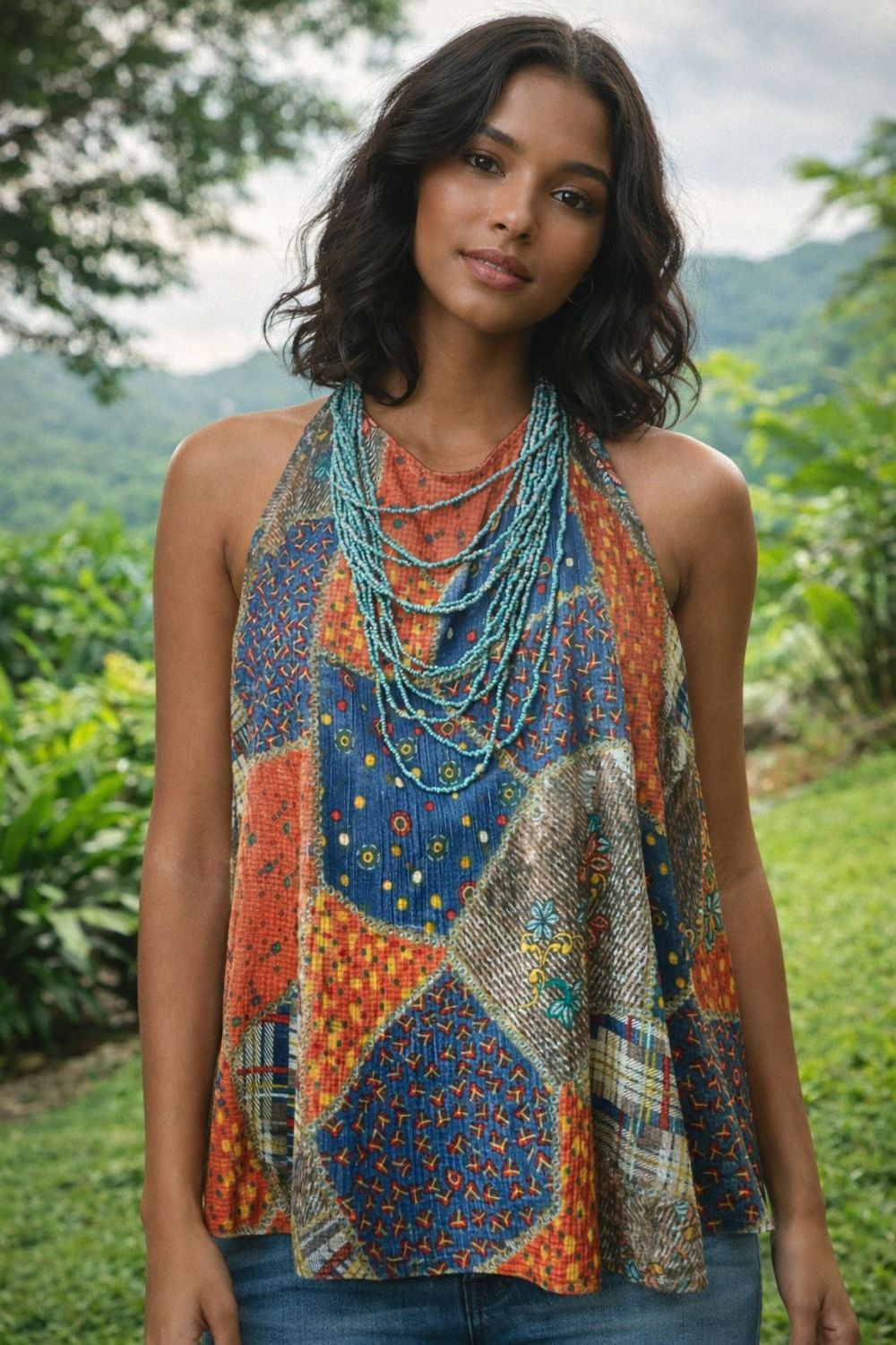 Patchwork Printed Halter Top Faded Blue Color