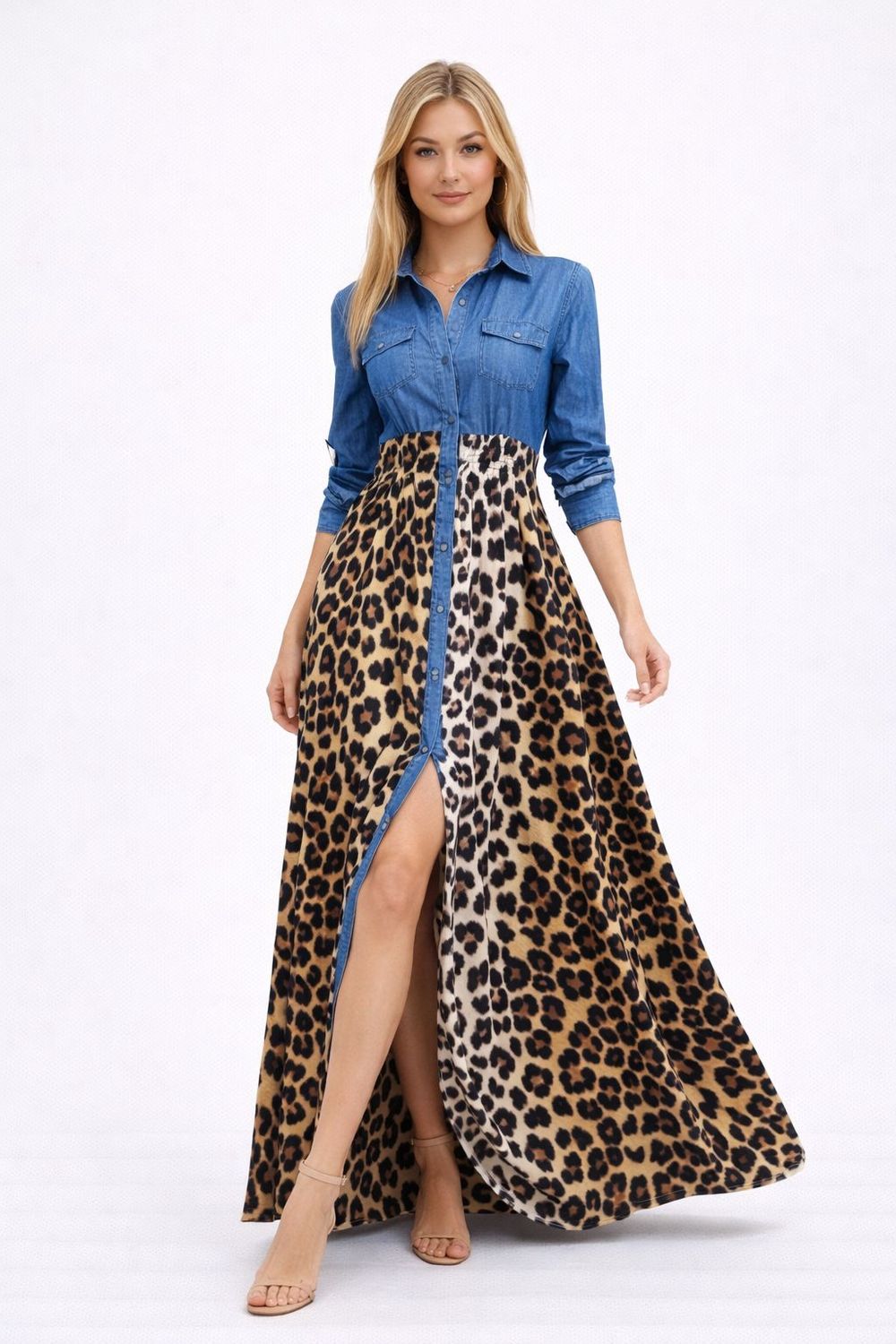 DENIM ANIMAL PRINT MAXI DRESS