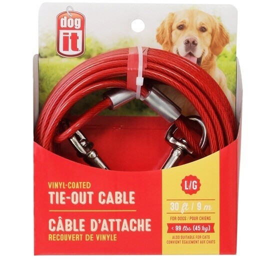 Dogit Pet Tether Dog Tie-Out Cable, Large, 9 M (30 Ft), Red, Polybag With Header