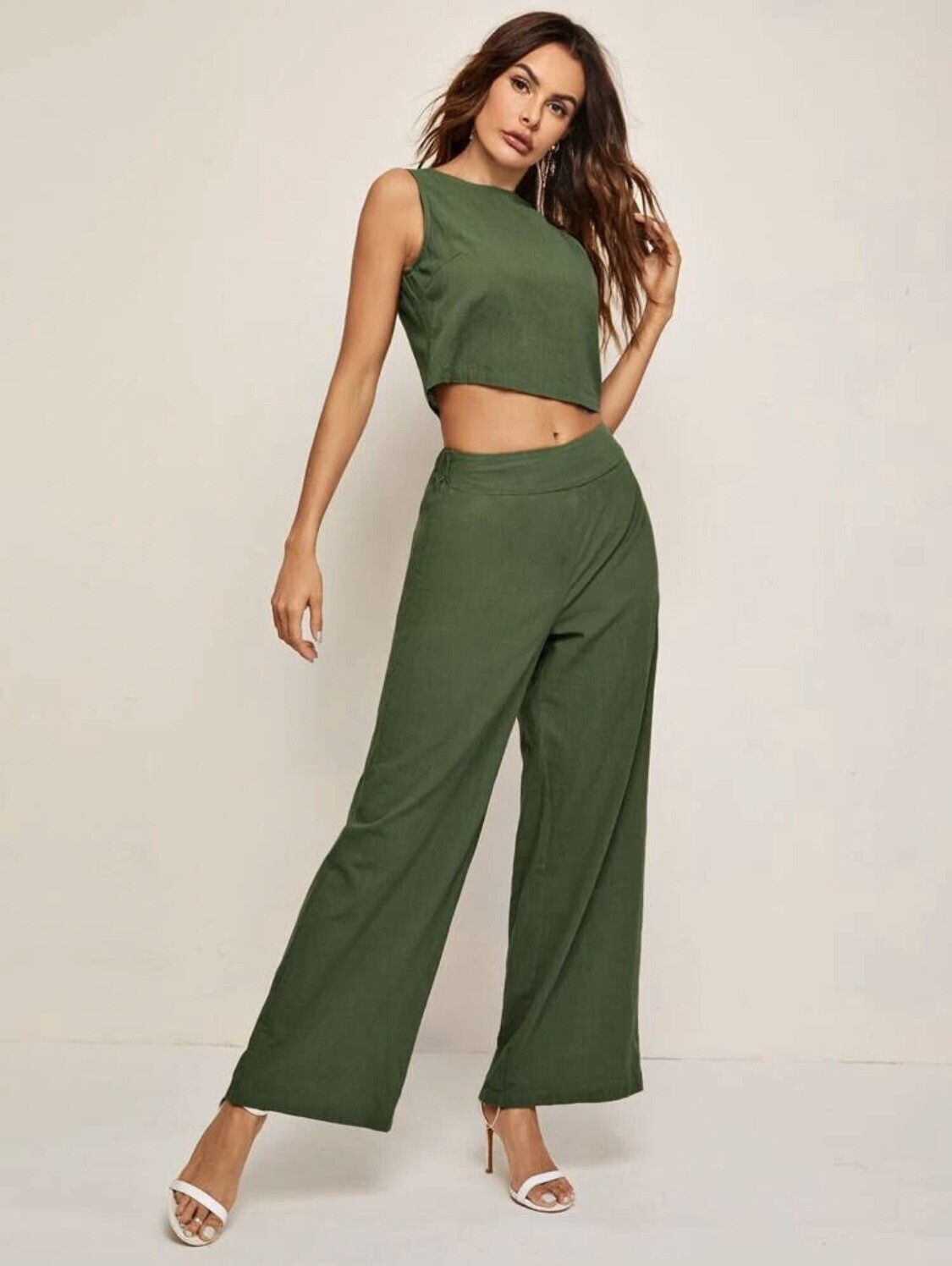 Buttoned Back Crop Top And Wide Leg