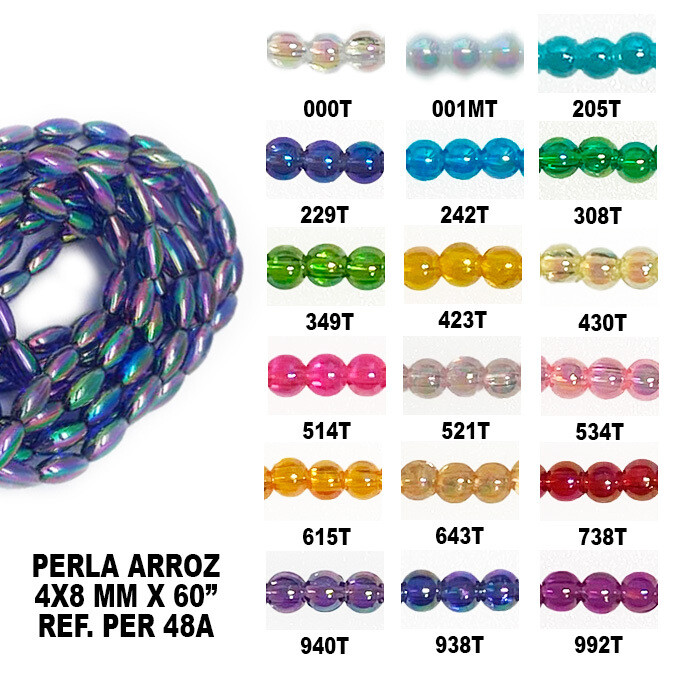 Perla Arroz Tornasol 4x8MM - 60&quot;, COLOR: 000T-Transparente Tornasol