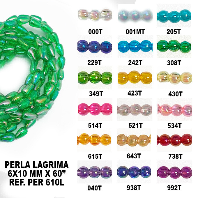 Perla Lagrima Tornasol 6x10MM - 60&quot;, COLOR: 000T-Transparente Tornasol