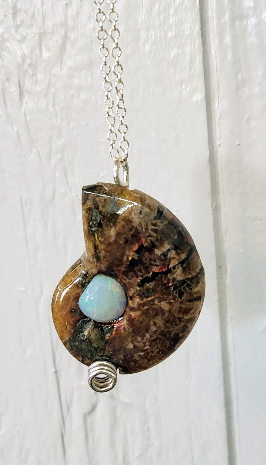 Ammonite &amp; Opal Pendant with Sterling Silver Back and Chain