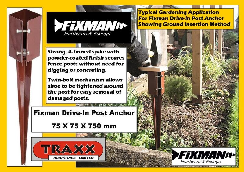 Fixman  Drive - in Post Anchor 75 x 75 x 750 mm
( Optionally available as a 100 x 100 x 750 mm Drive in post anchor)