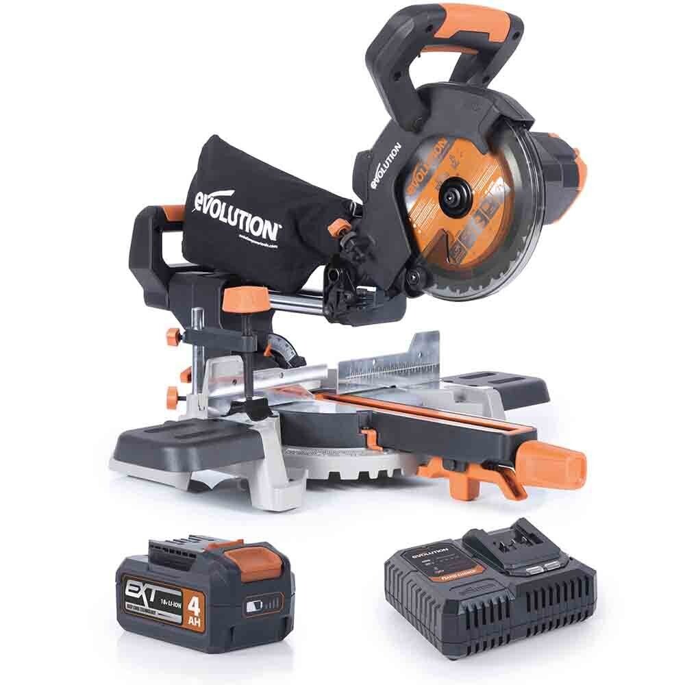 Evolution Cordless R185SMS-Li 185mm Sliding Mitre Saw 18v Li-Ion EXT Inc Multi-Material Blade ( With Single Charger & 4Ah Battery)
064-0001A