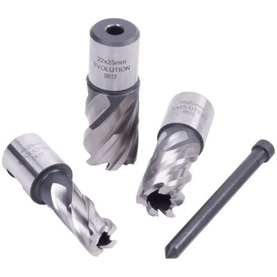 Evolution CUTTERKIT3S 3 Piece Magnetic Drill Broach Cutter Set
( 25 mm Short Series ).
Suitable for Evolution S28MAG , EVOMAG42 & other quality Magnetic Drills.