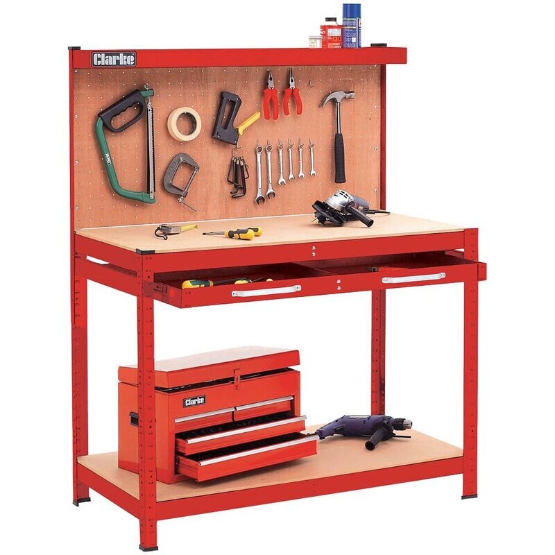 Clarke CWB-R1B Workbench with Pegboard Back Panel & Large Drawer(Red) ( Optionally available in Galvanised finish)