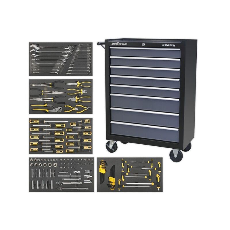 Sealey American  Pro Rollcab 8 Drawer with Ball-Bearing Slides - Black/Grey & 136pc Tool Kit (AP35TBCOMBO3)